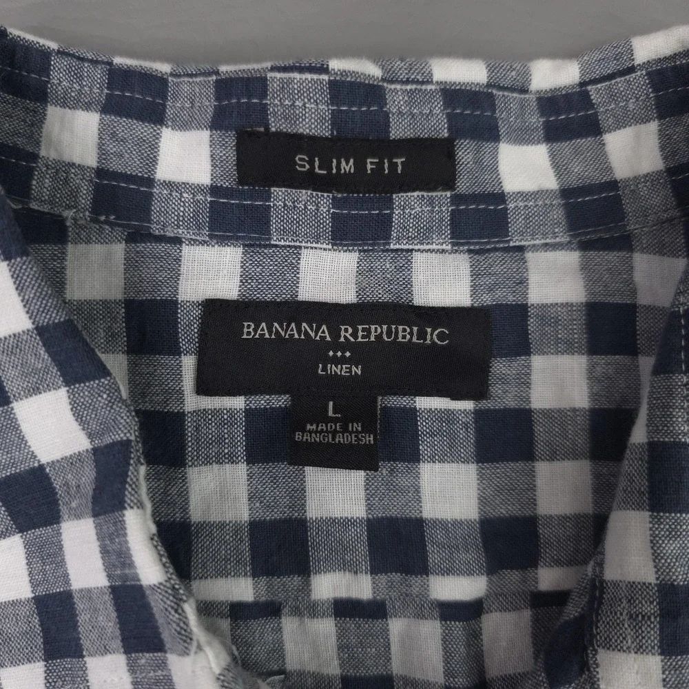 Banana Republic Shirt Mens Large Blue Gingham Long Sleeve Linen Slim Fit Casual